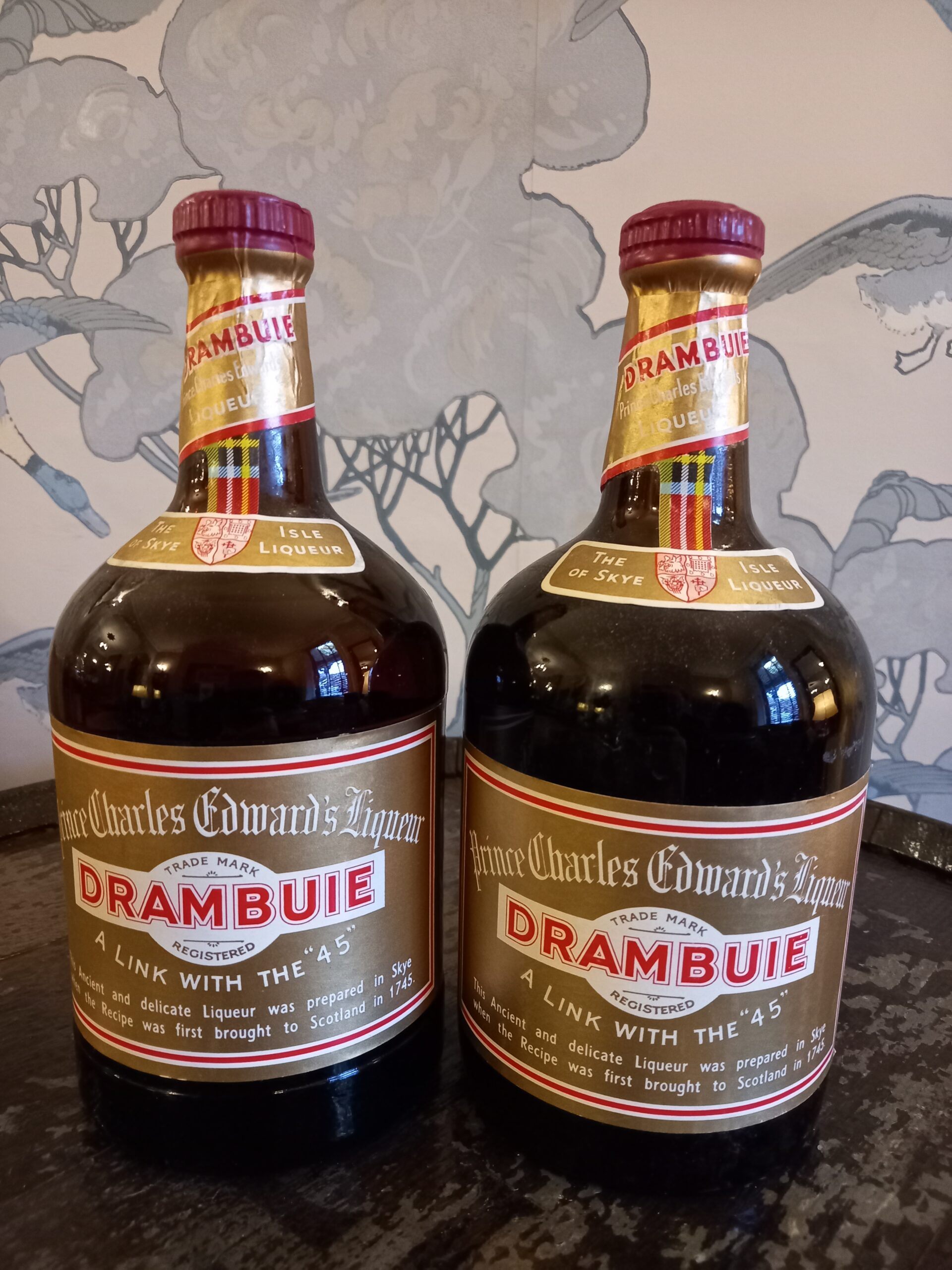 Drambuie A Link with the 45 Prince Charles Edward's Liqueur, Scotland, 2 bottles of 1970's litre, bottlings